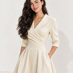 Beige Wrap Midi Dress Shawl Collar Pockets
