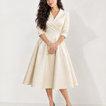 Beige Wrap Midi Dress Shawl Collar Pockets