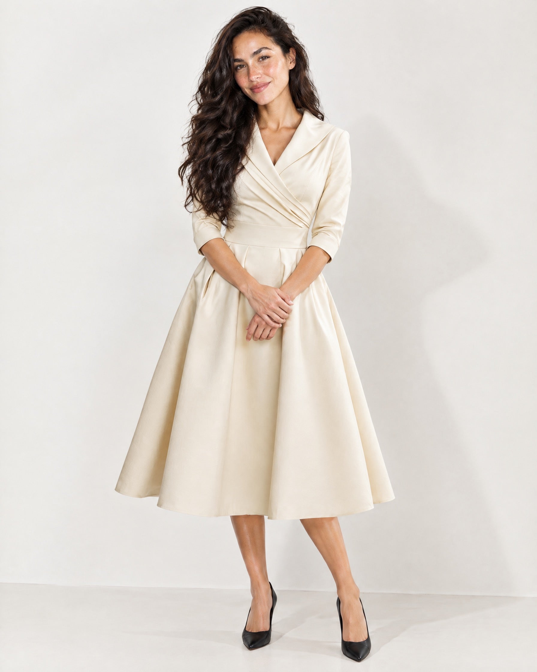 Beige Wrap Midi Dress Shawl Collar Pockets