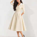 Beige Wrap Midi Dress Shawl Collar Pockets