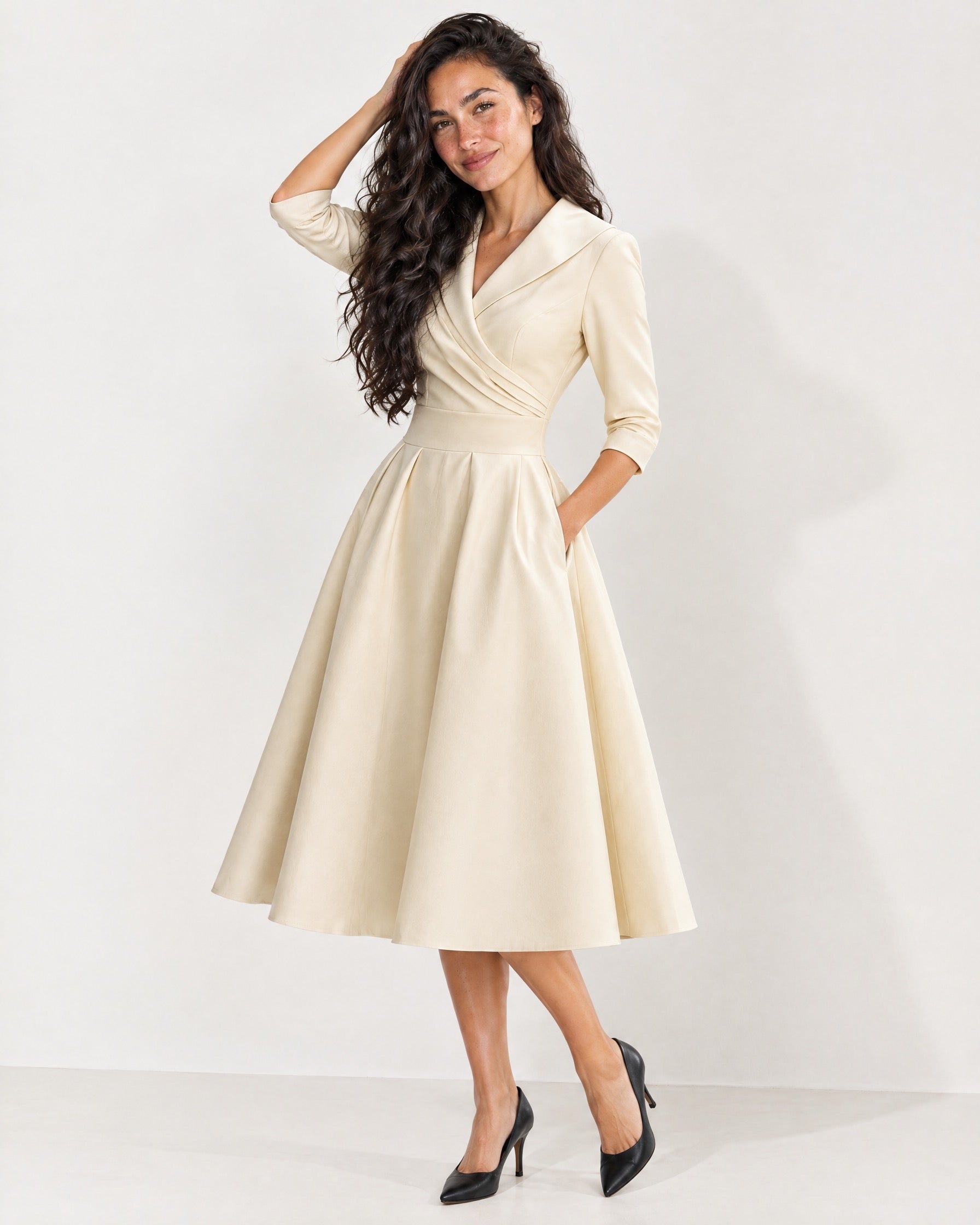 Beige Wrap Midi Dress Shawl Collar Pockets