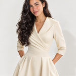 Beige Wrap Midi Dress Shawl Collar Pockets