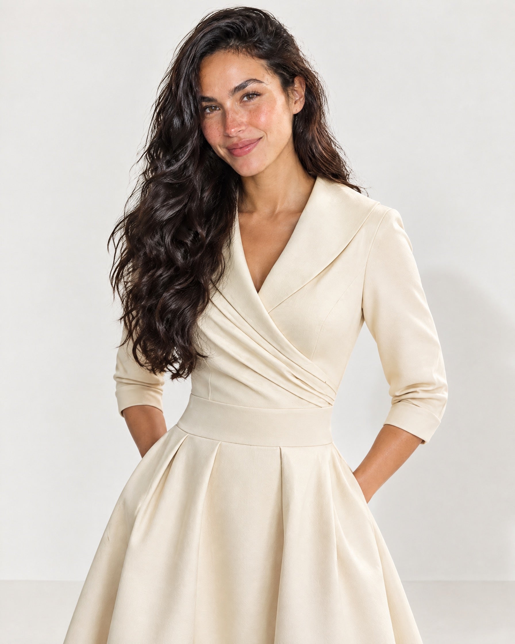 Beige Wrap Midi Dress Shawl Collar Pockets