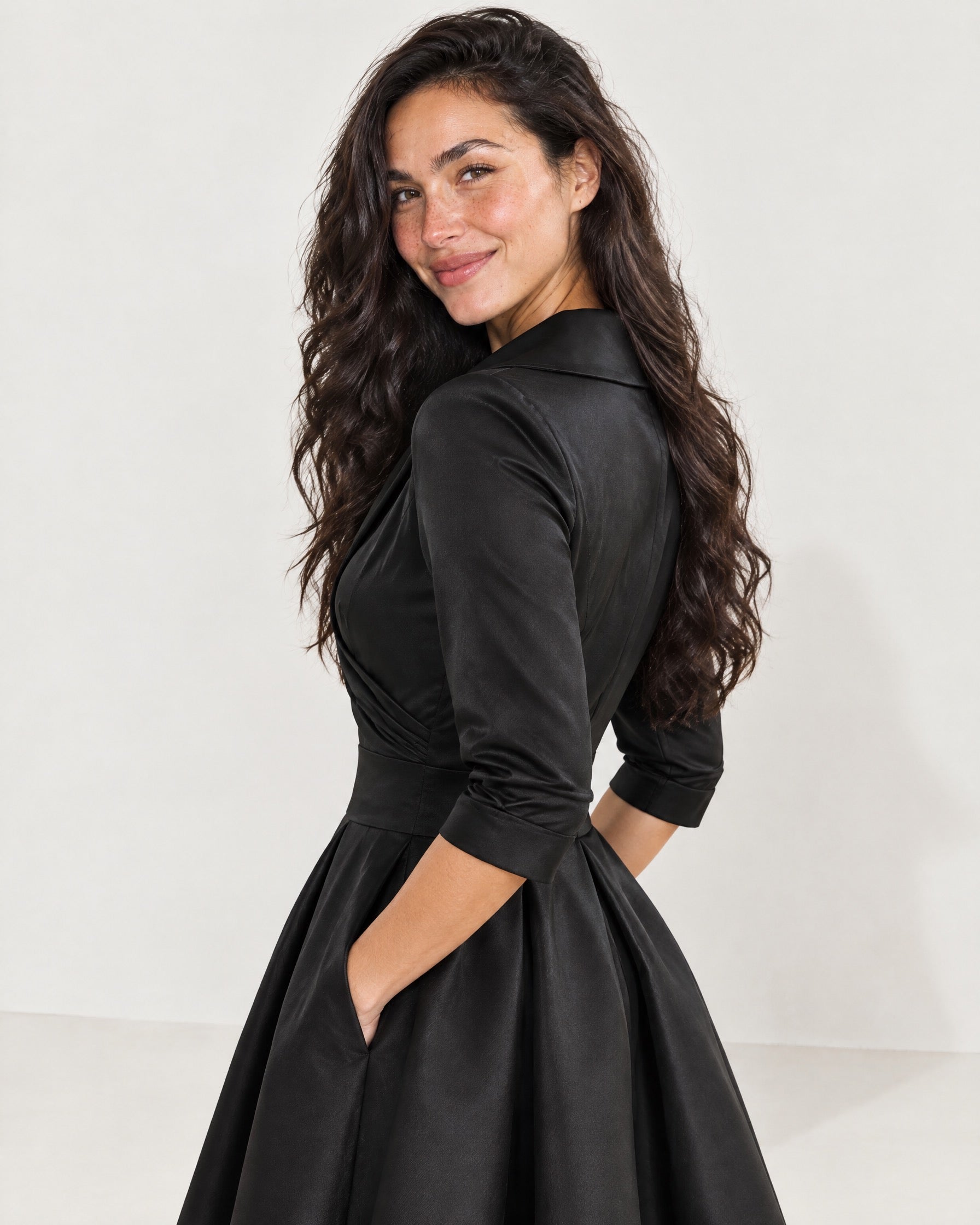 Black Wrap Midi Dress Shawl Collar Pockets