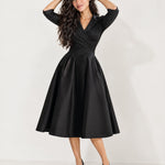 Black Wrap Midi Dress Shawl Collar Pockets