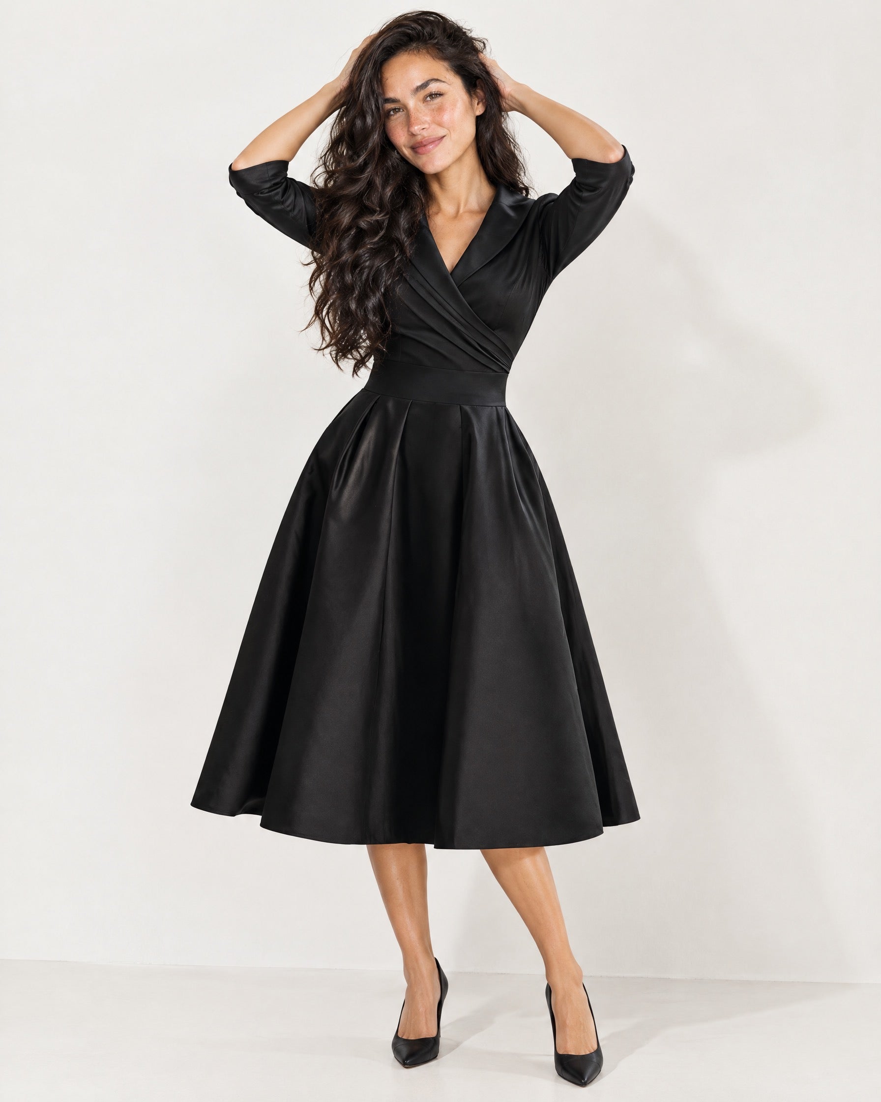 Black Wrap Midi Dress Shawl Collar Pockets