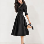Black Wrap Midi Dress Shawl Collar Pockets