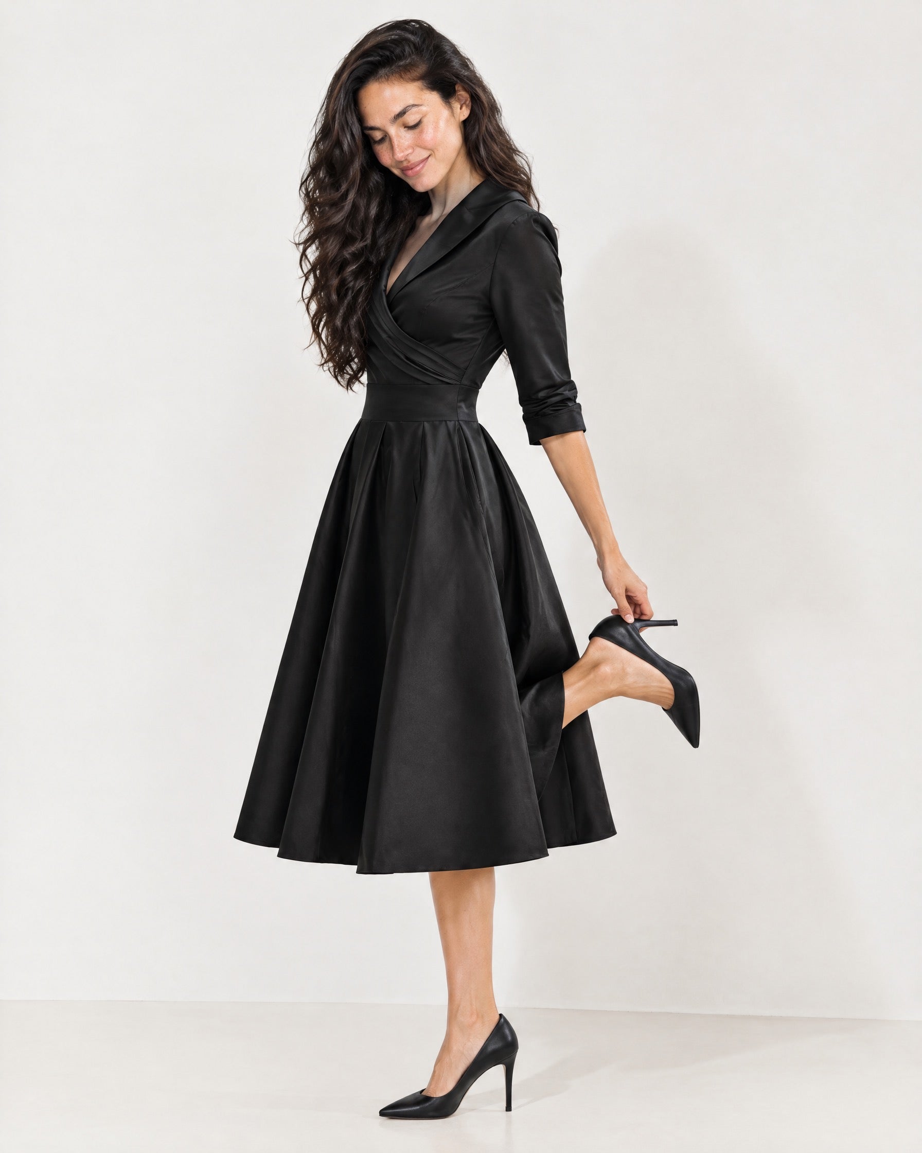 Black Wrap Midi Dress Shawl Collar Pockets