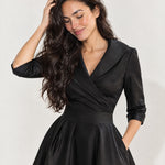 Black Wrap Midi Dress Shawl Collar Pockets