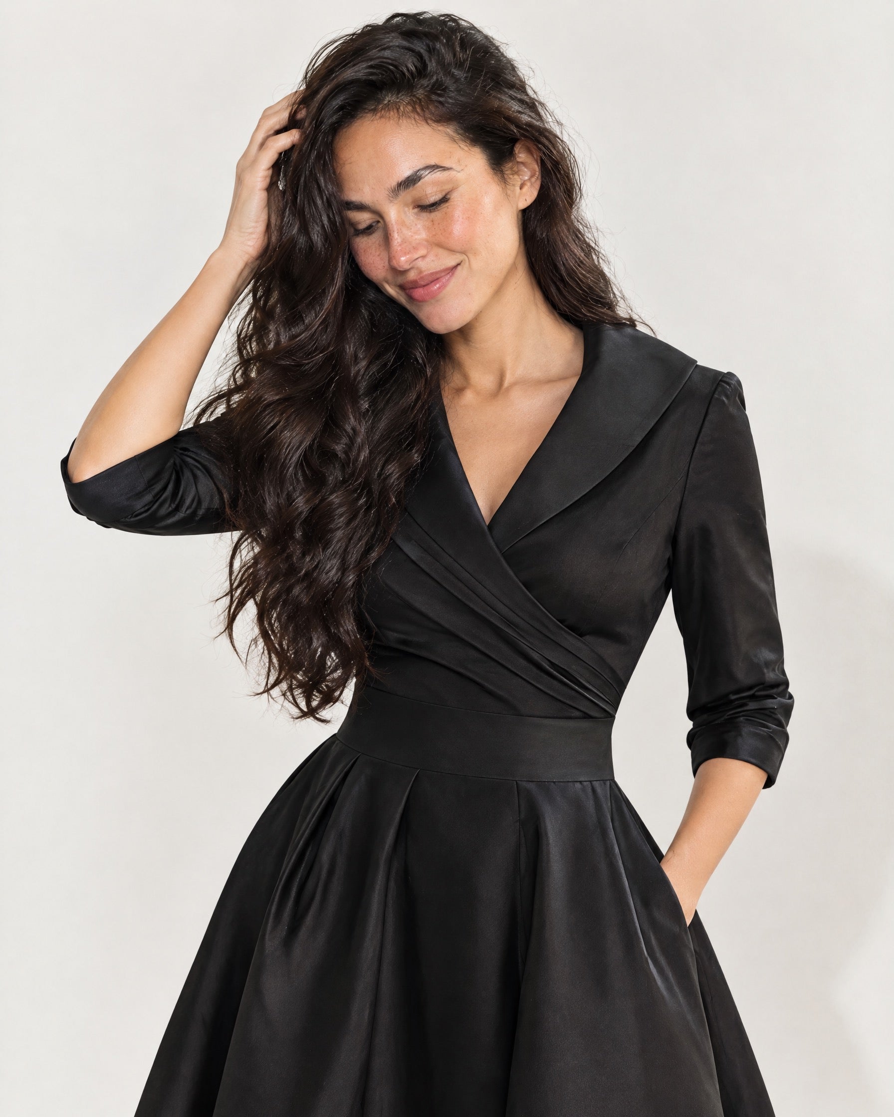 Black Wrap Midi Dress Shawl Collar Pockets