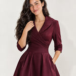 Burgundy Wrap Midi Dress Shawl Collar Pockets