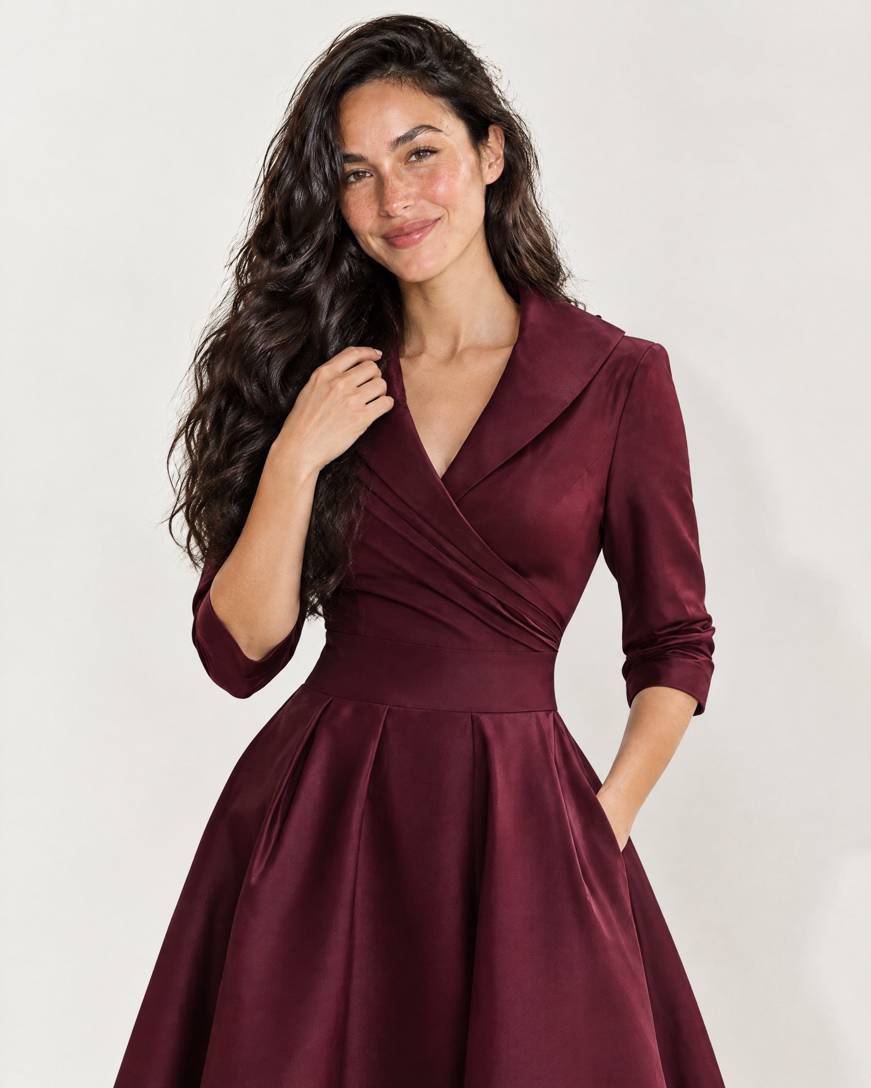 Burgundy Wrap Midi Dress Shawl Collar Pockets
