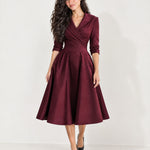 Burgundy Wrap Midi Dress Shawl Collar Pockets