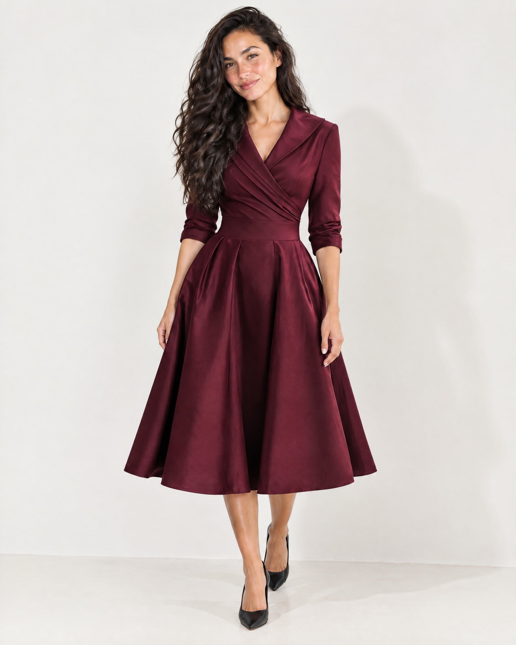 Burgundy Wrap Midi Dress Shawl Collar Pockets