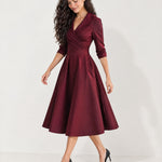 Burgundy Wrap Midi Dress Shawl Collar Pockets