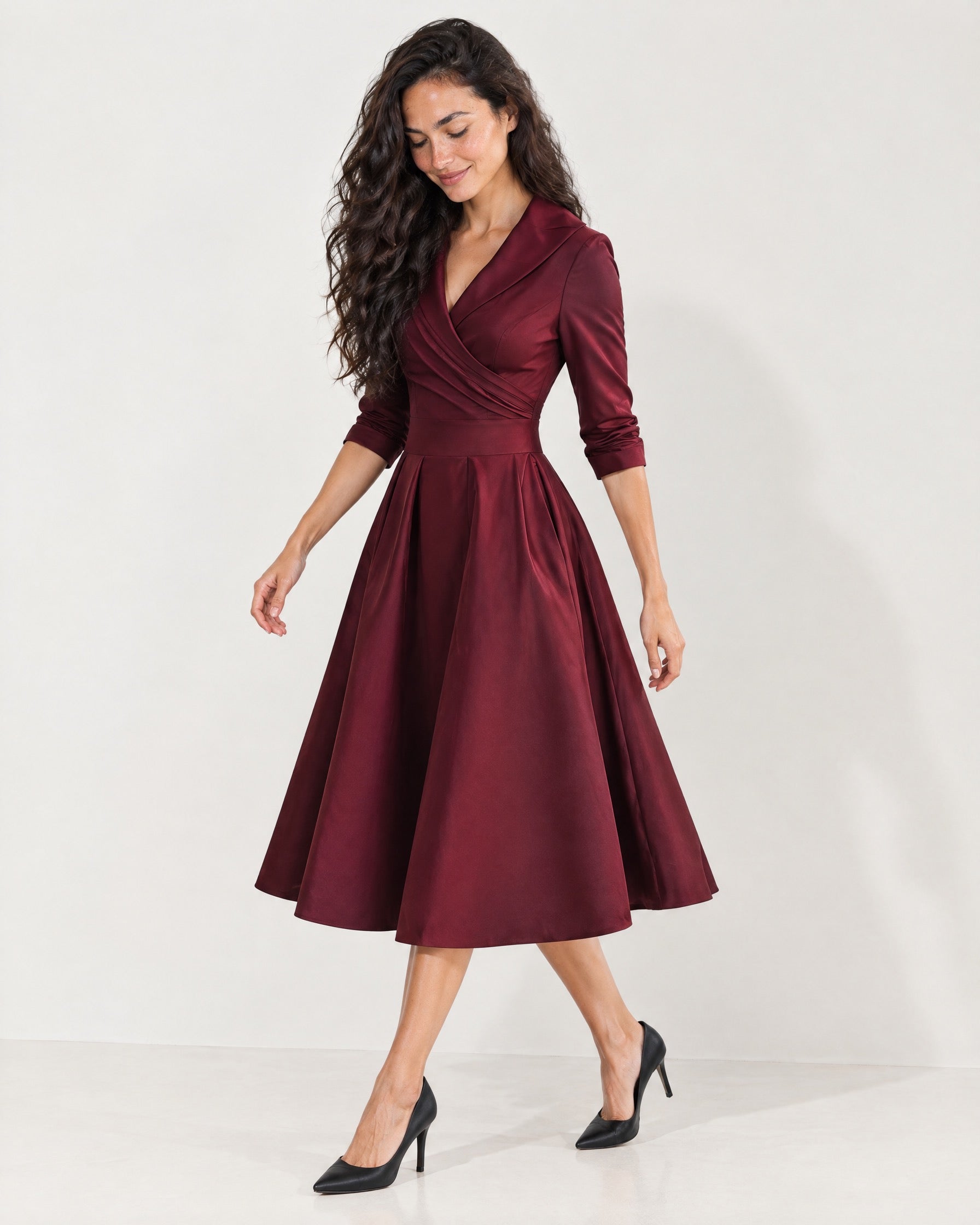 Burgundy Wrap Midi Dress Shawl Collar Pockets