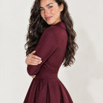 Burgundy Wrap Midi Dress Shawl Collar Pockets