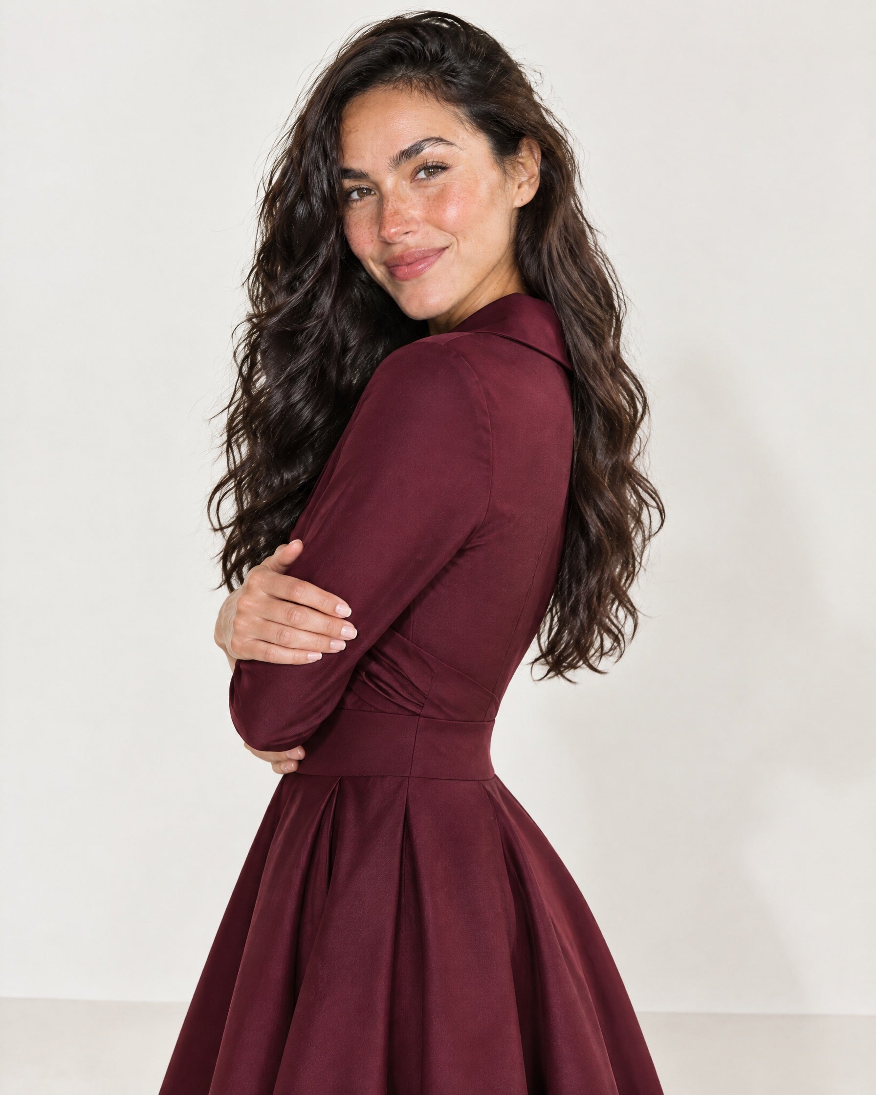 Burgundy Wrap Midi Dress Shawl Collar Pockets