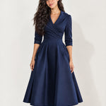 Navy Wrap Midi Dress Shawl Collar Pockets