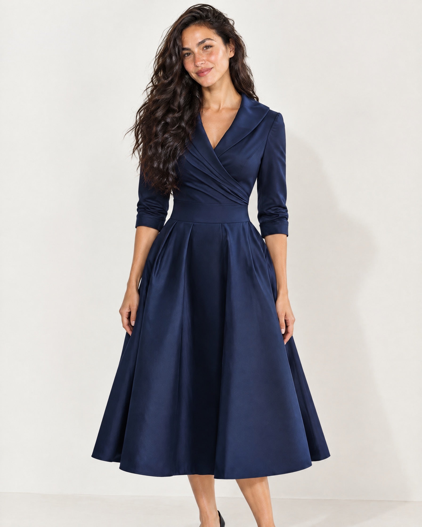 Navy Wrap Midi Dress Shawl Collar Pockets