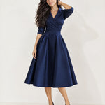 Navy Wrap Midi Dress Shawl Collar Pockets