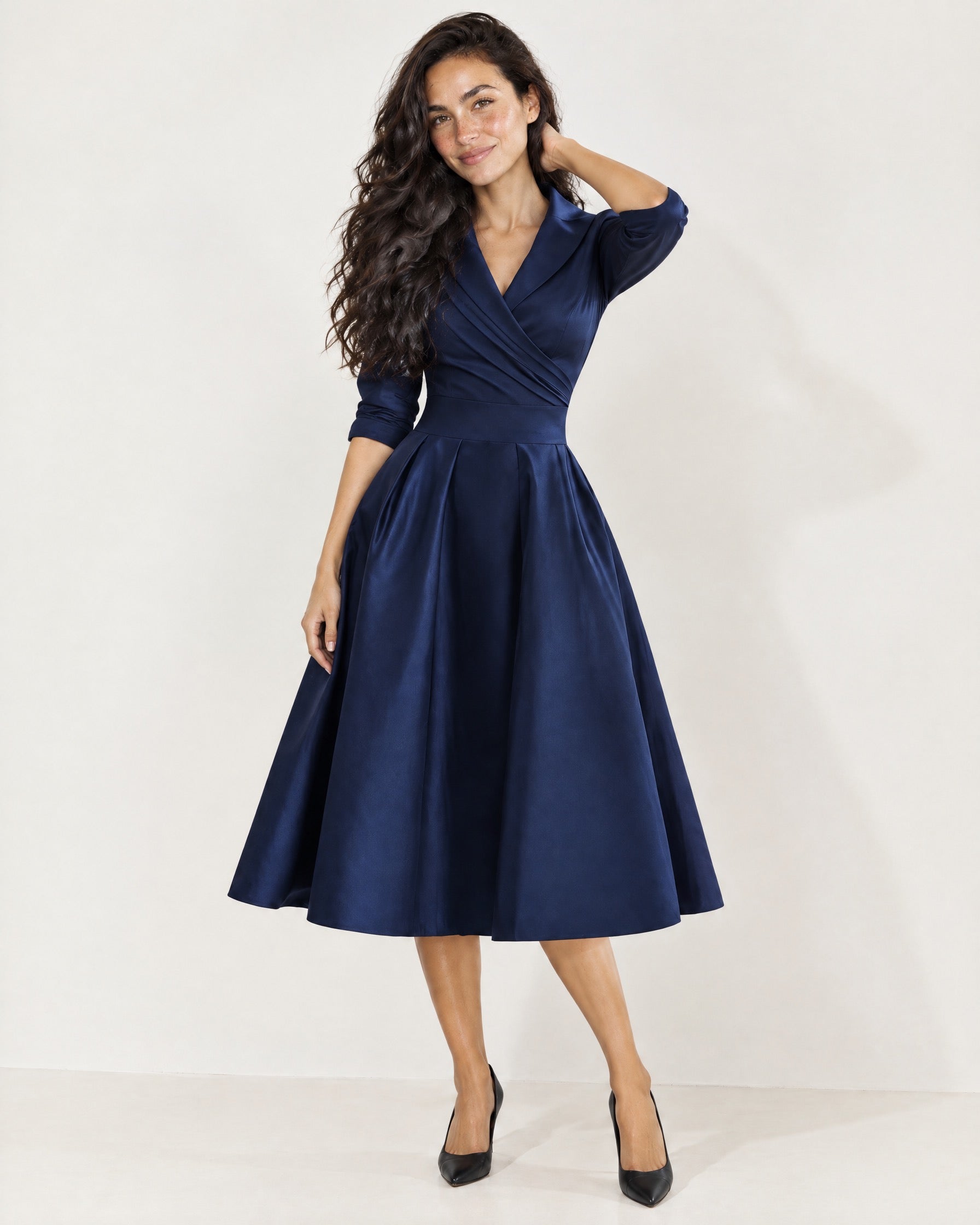 Navy Wrap Midi Dress Shawl Collar Pockets