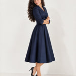 Navy Wrap Midi Dress Shawl Collar Pockets