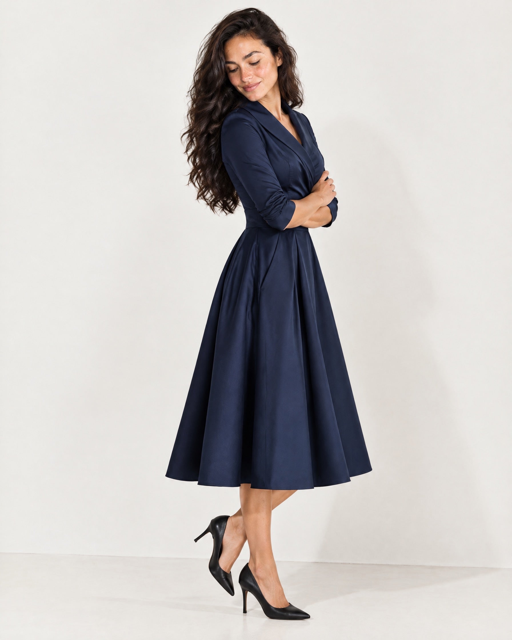 Navy Wrap Midi Dress Shawl Collar Pockets