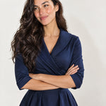 Navy Wrap Midi Dress Shawl Collar Pockets