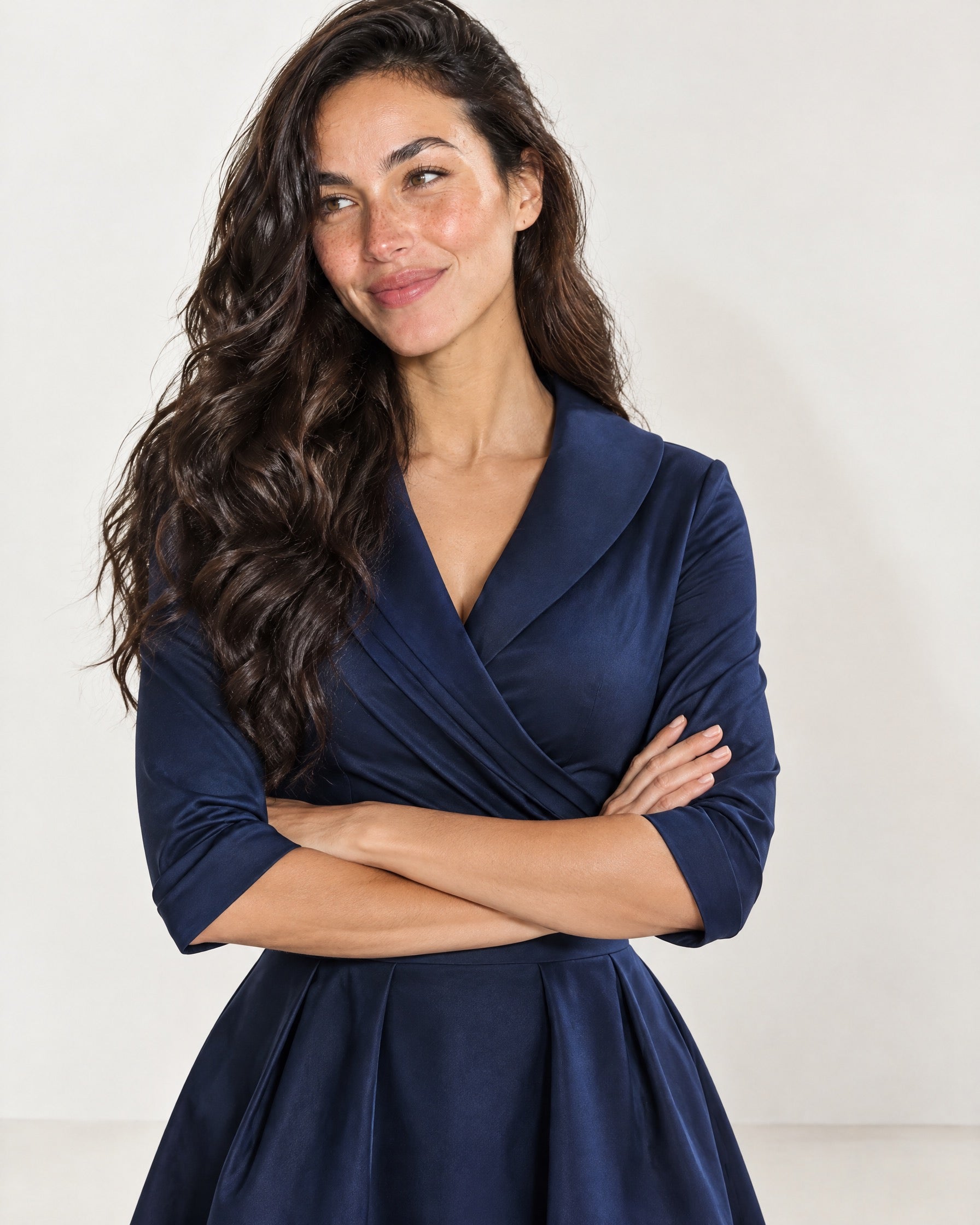 Navy Wrap Midi Dress Shawl Collar Pockets