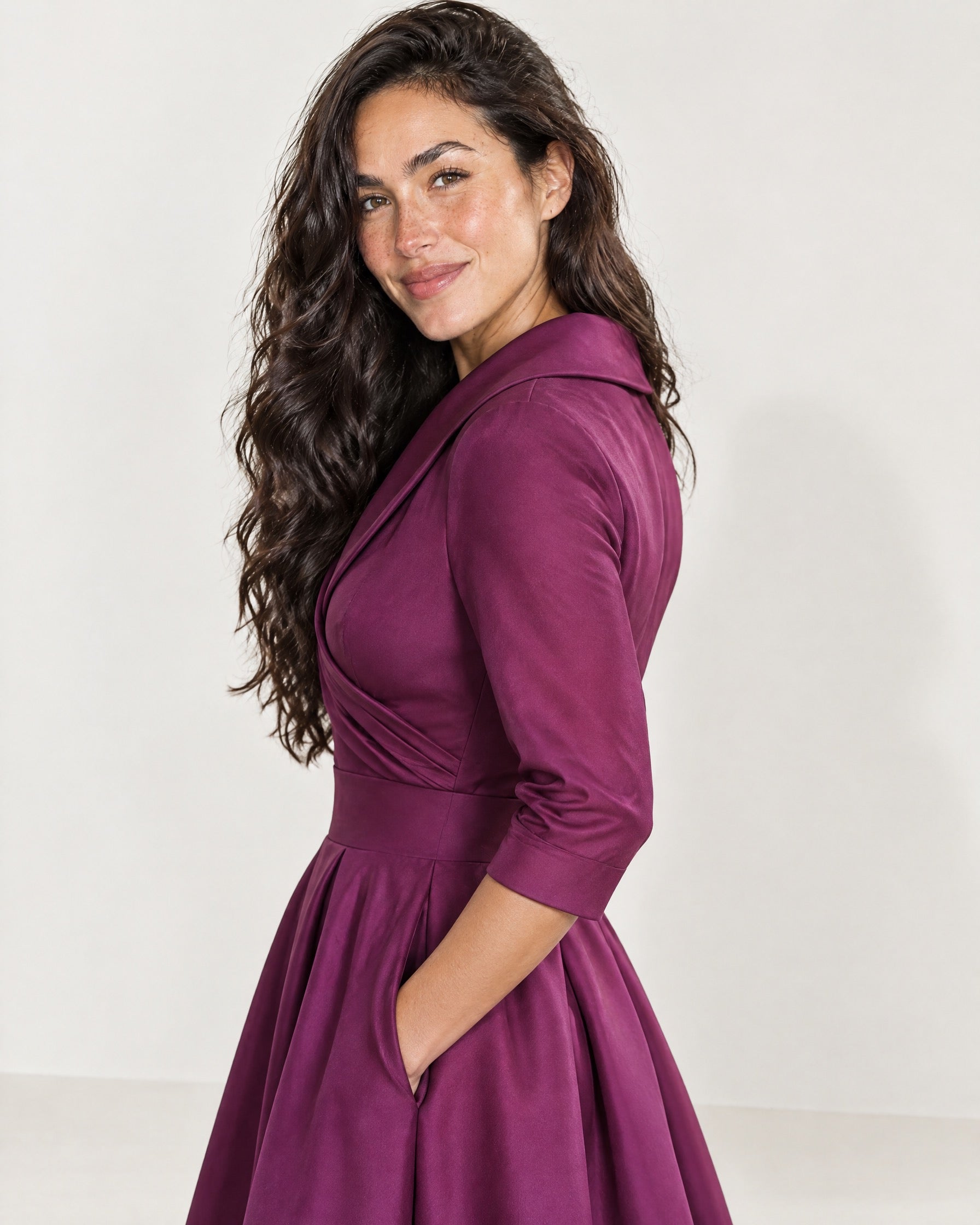 Purple Wrap Midi Dress Shawl Collar Pockets