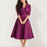 Purple Wrap Midi Dress Shawl Collar Pockets