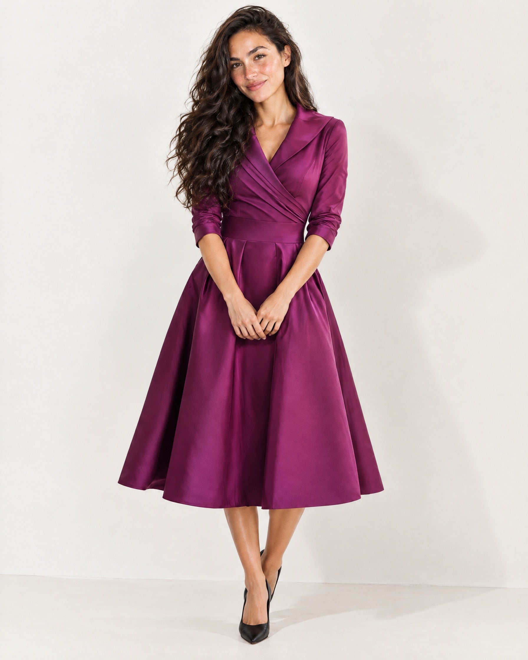 Purple Wrap Midi Dress Shawl Collar Pockets