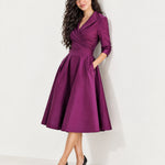Purple Wrap Midi Dress Shawl Collar Pockets