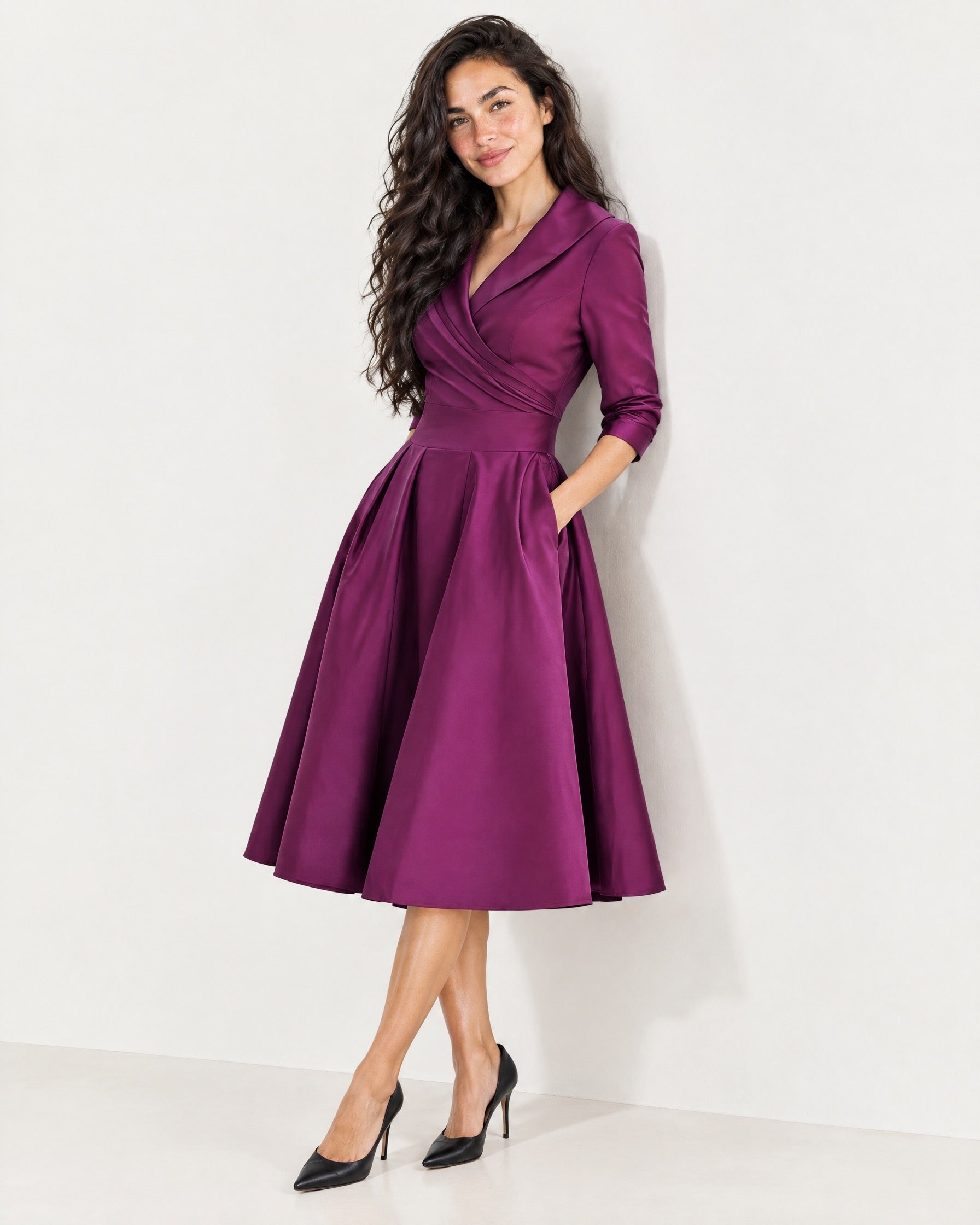 Purple Wrap Midi Dress Shawl Collar Pockets