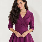 Purple Wrap Midi Dress Shawl Collar Pockets