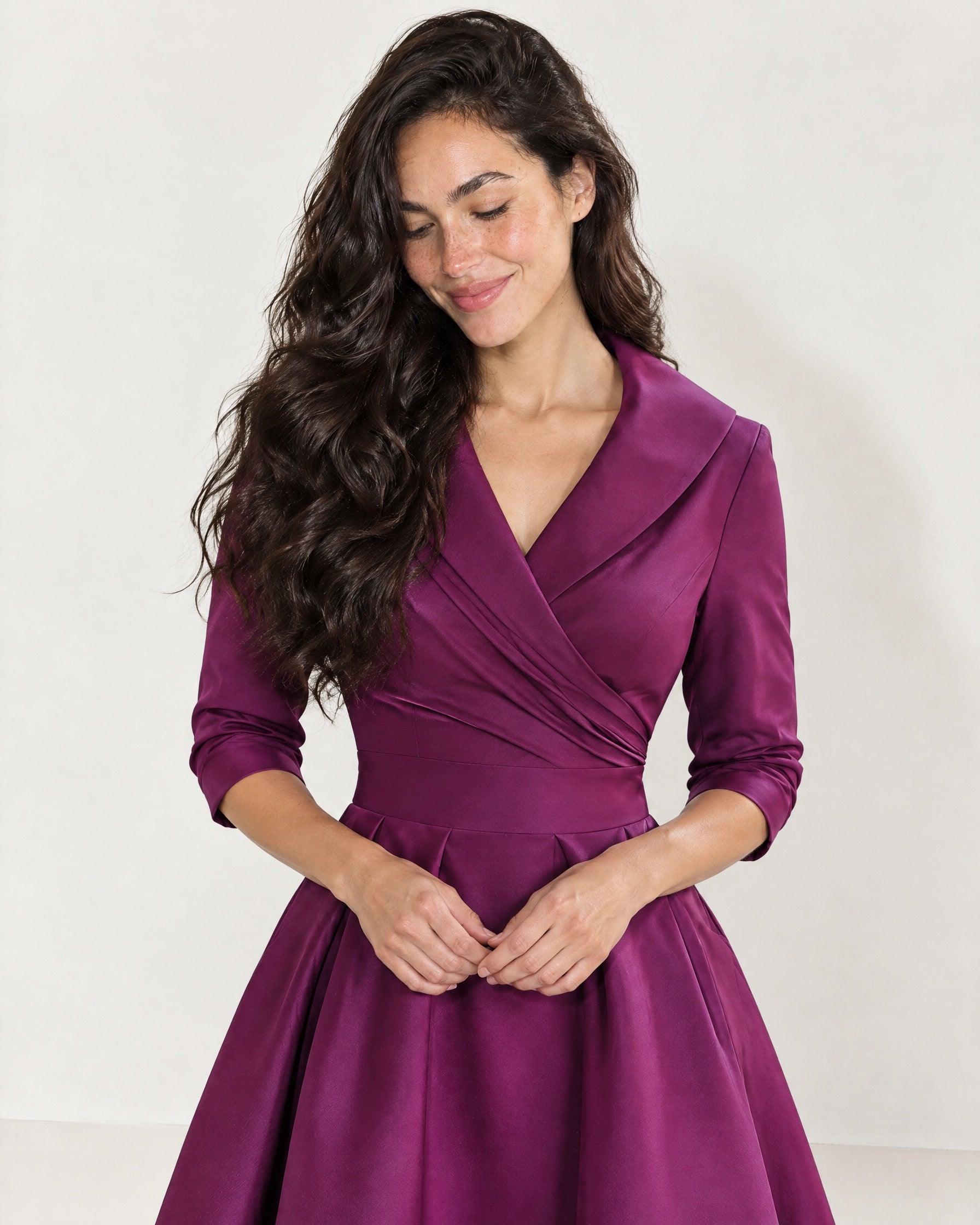 Purple Wrap Midi Dress Shawl Collar Pockets