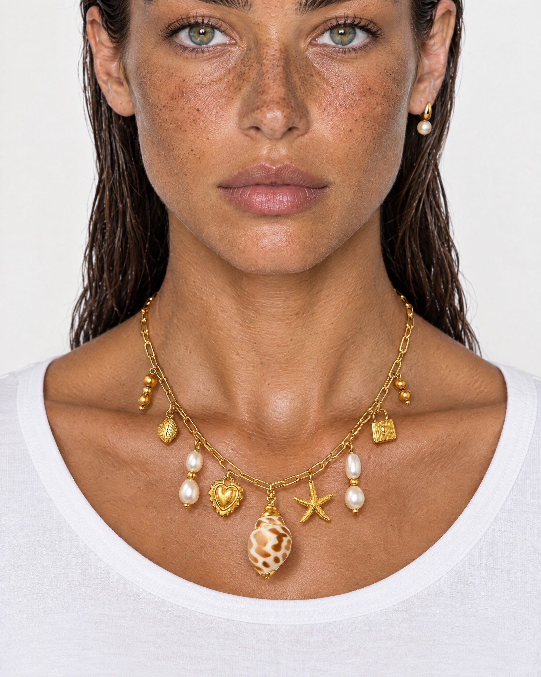 Shell Charm Necklace Gold Tone Multi Charm