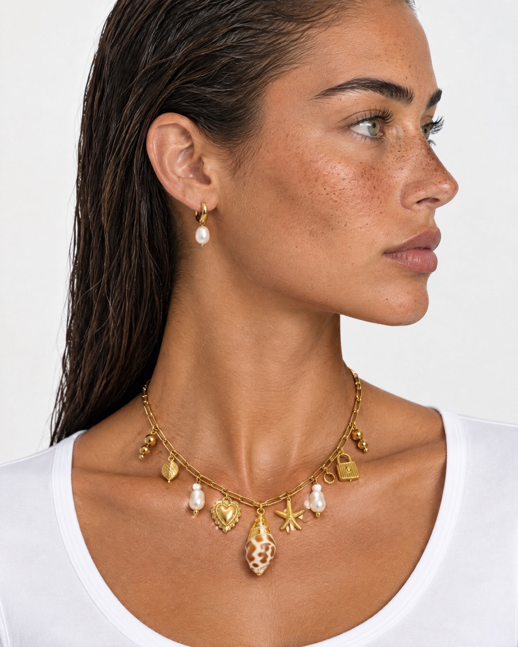Shell Charm Necklace Gold Tone Multi Charm