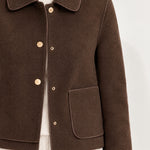 Brown Short Jacket Boxy Collared Jacket with Patch Pockets and Snap Buttons