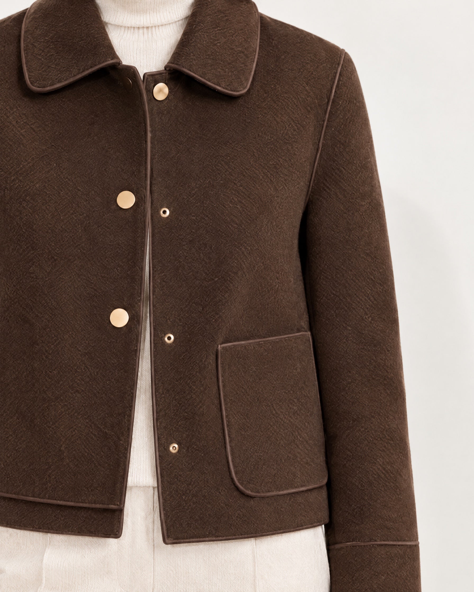 Brown Short Jacket Boxy Collared Jacket with Patch Pockets and Snap Buttons