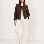 Brown Short Jacket Boxy Collared Jacket with Patch Pockets and Snap Buttons