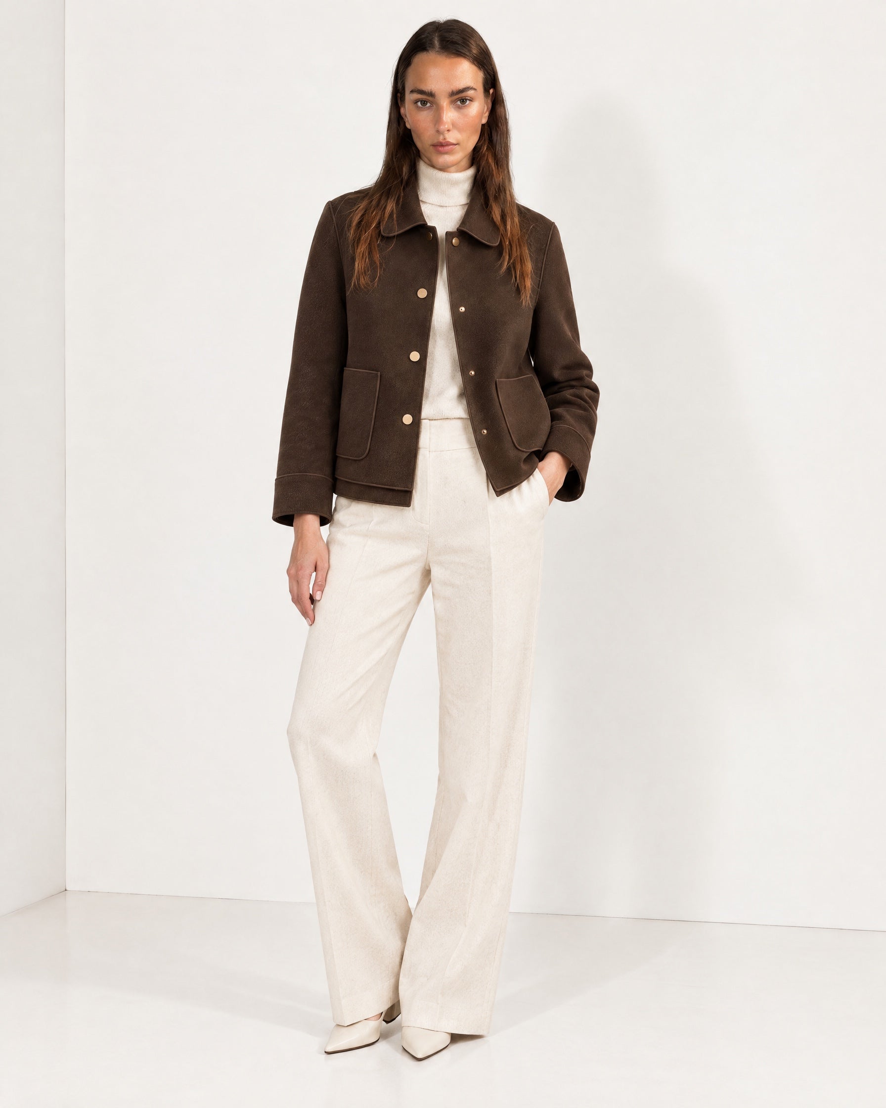 Brown Short Jacket Boxy Collared Jacket with Patch Pockets and Snap Buttons