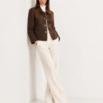Brown Short Jacket Boxy Collared Jacket with Patch Pockets and Snap Buttons