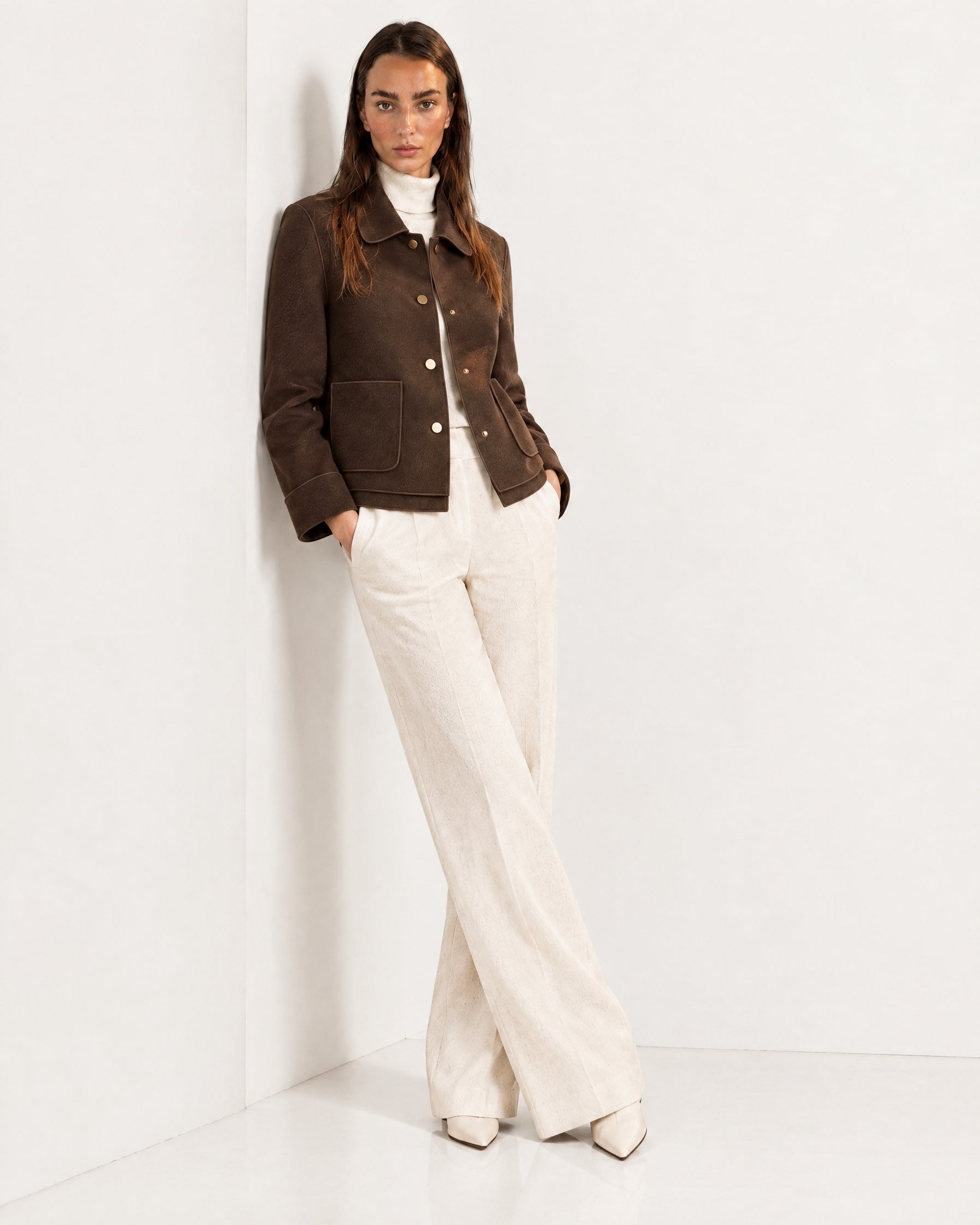 Brown Short Jacket Boxy Collared Jacket with Patch Pockets and Snap Buttons
