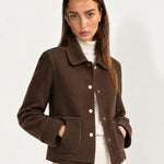 Brown Short Jacket Boxy Collared Jacket with Patch Pockets and Snap Buttons