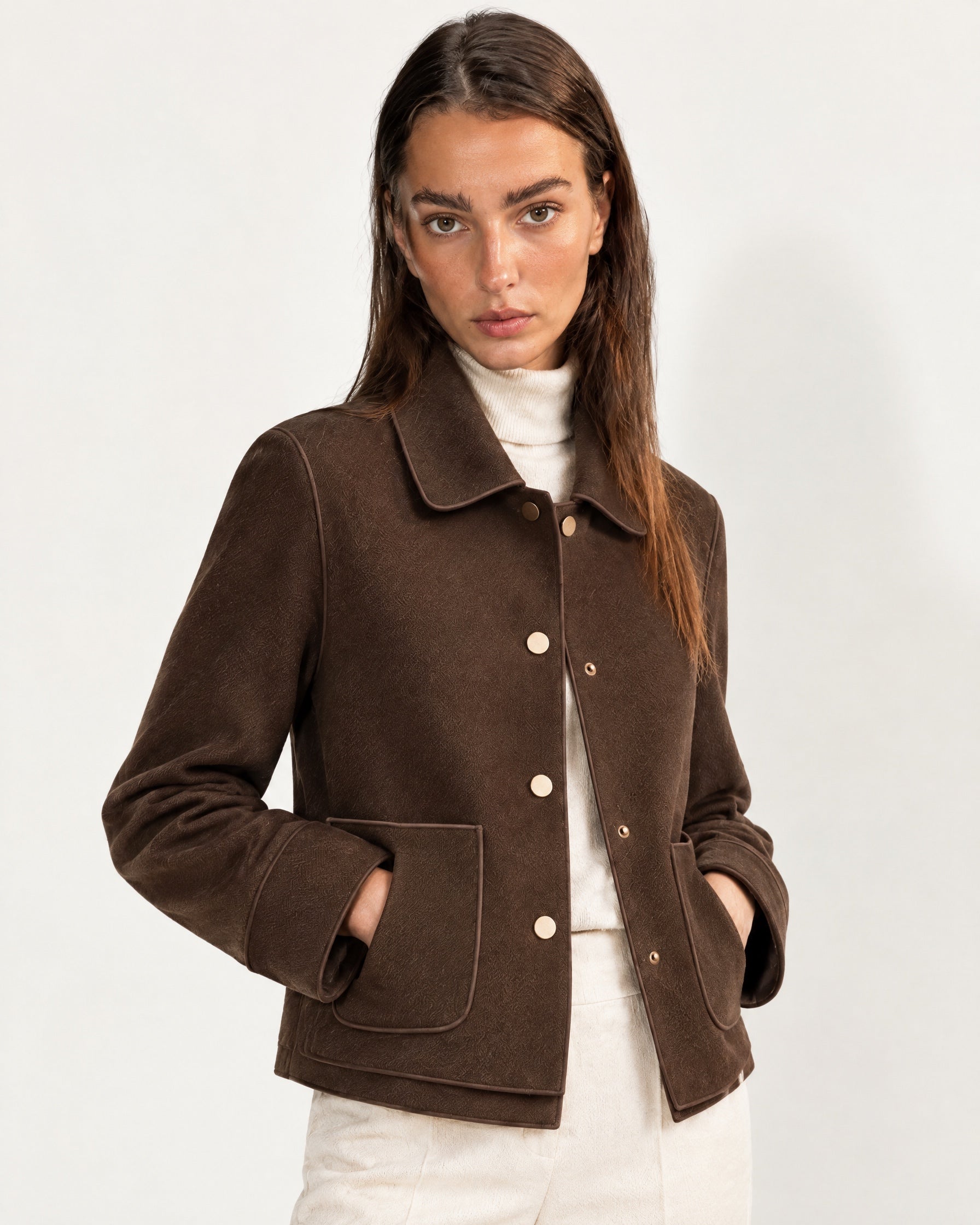 Brown Short Jacket Boxy Collared Jacket with Patch Pockets and Snap Buttons