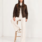 Brown Short Jacket Boxy Collared Jacket with Patch Pockets and Snap Buttons