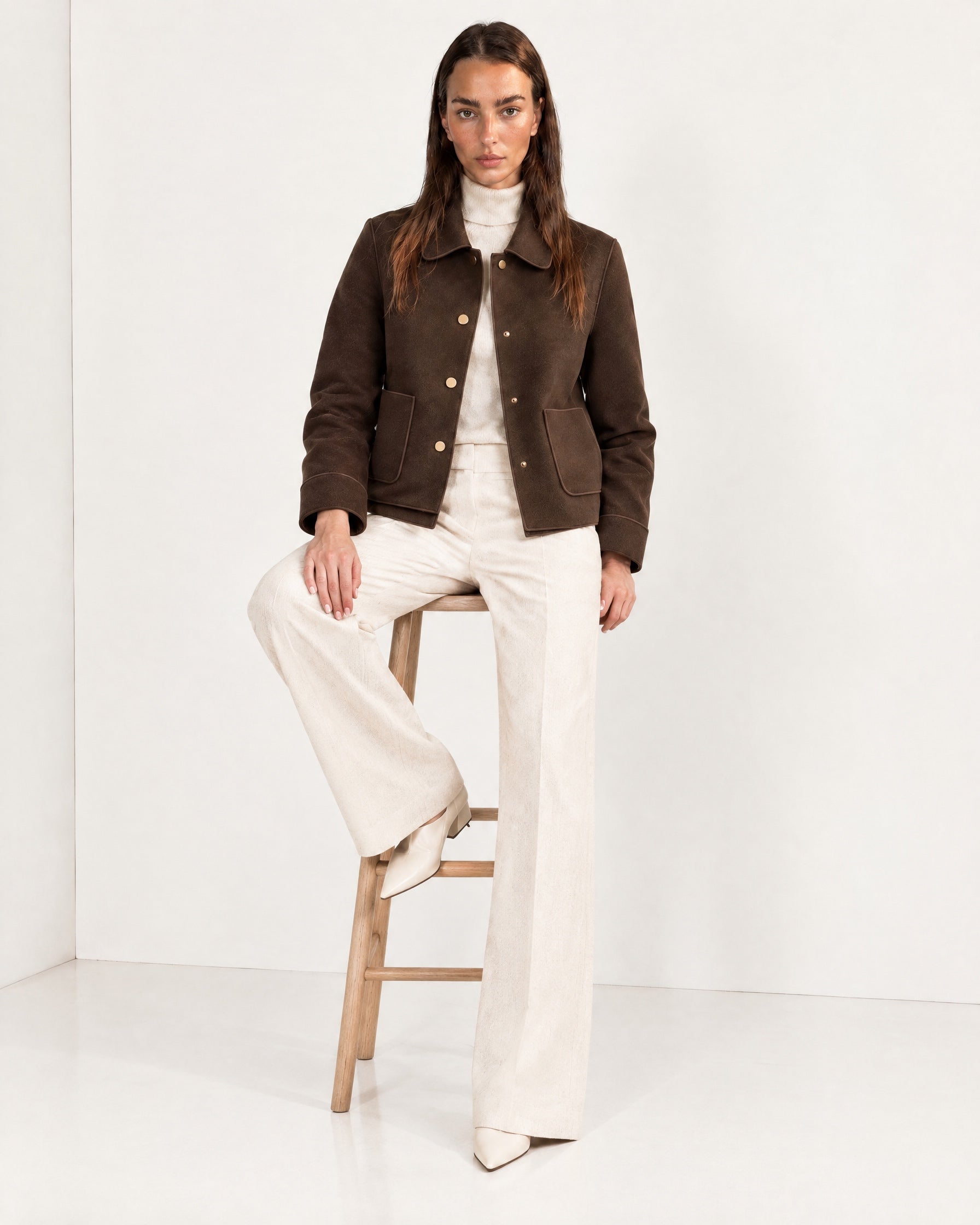 Brown Short Jacket Boxy Collared Jacket with Patch Pockets and Snap Buttons