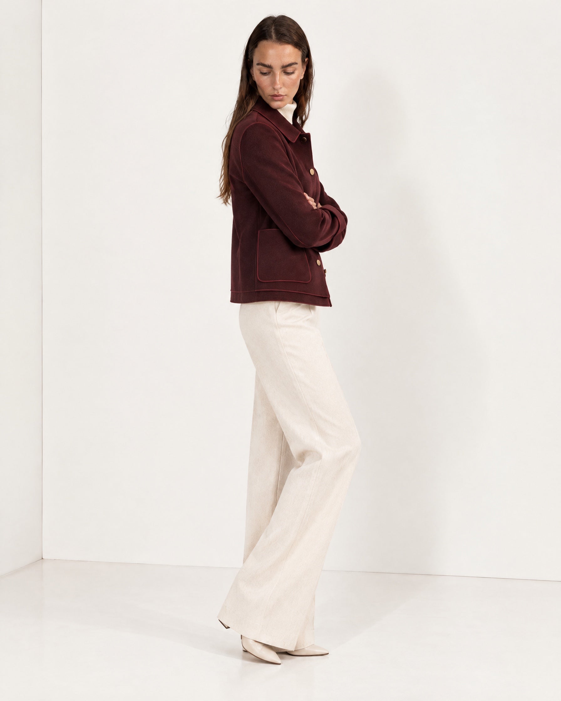 Burgundy Short Jacket Boxy Collared Jacket with Patch Pockets and Snap Buttons